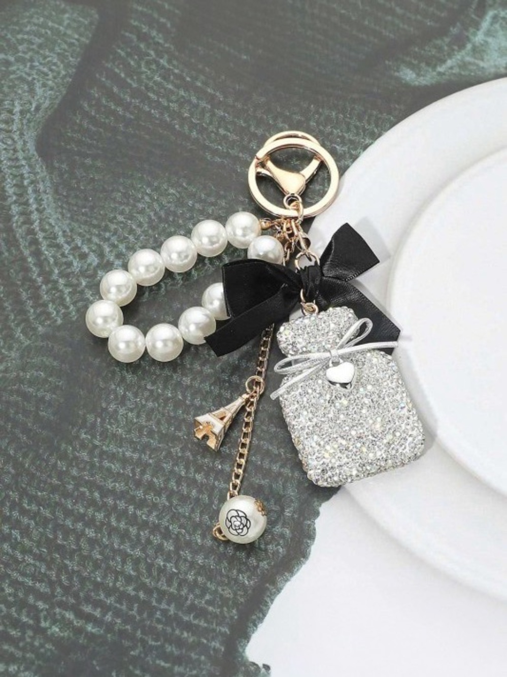 Silver Ab crystal perfume pearl stone keychain bag charm rhinestone beaded